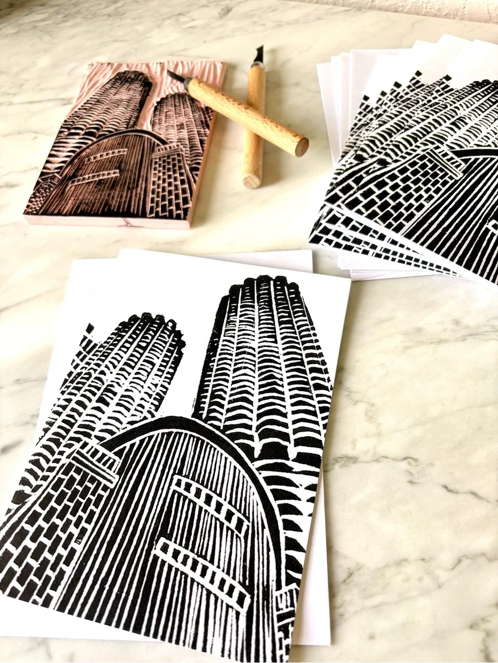 Chicago Linocut Note Cards Set of 6 | Marina City and House of Rock Print | Art